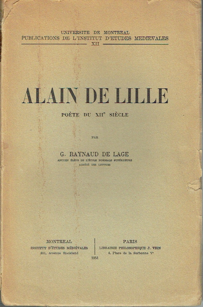 Item #019446 Alain De Lille - Poète du XII Siècle. G. Raynaud de Lange.