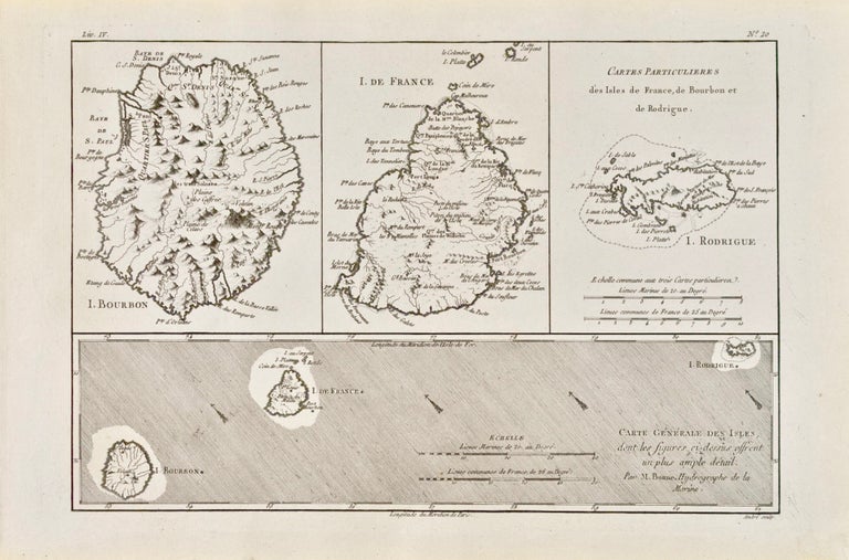 Item #418703 Cartes Générale et Particulières des Isles de France, de Bourbon et de Rodrigue [four maps on one sheet]. Rigobert Bonne.