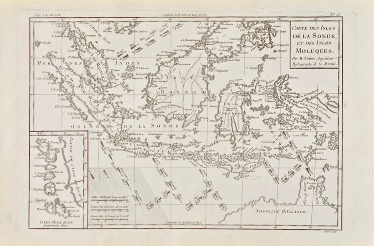 Item #418708 Carte des Isles de la Sonde, et des Isles Moluques [two maps on one sheet] [Map of the Sunda Islands, and the Molucca Islands] [Brunei, East Timor, Indonesia, and Malaysia] [Asia]. Rigobert Bonne.